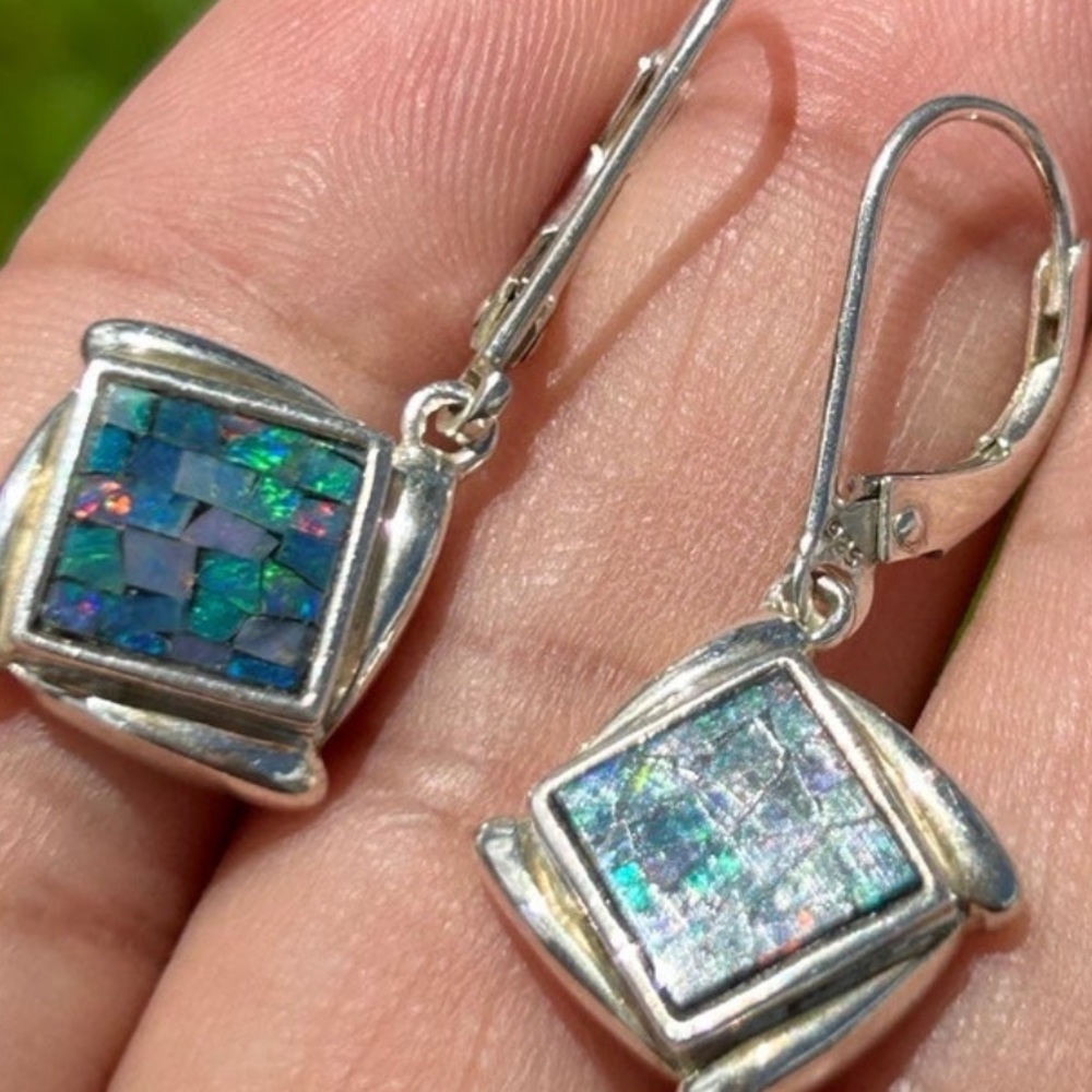 Vintage sterling silver Whitney Kelly Opal Mosaic square drop earrings